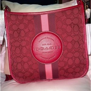 NWT Coach Dempsey File Bag Signature Jacquard Stripe Patch Red Apple Multi CA195